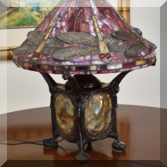 D15. Tiffany style turtleback lamp with moden dragonfly shade. 20”h with shade. 16” h without shade. Shade measures 17”w - $850